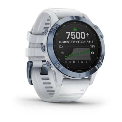 Montre GPS Garmin Fenix 6 Pro Solar Titane Bleue Cobalt Bracelet Blanc.